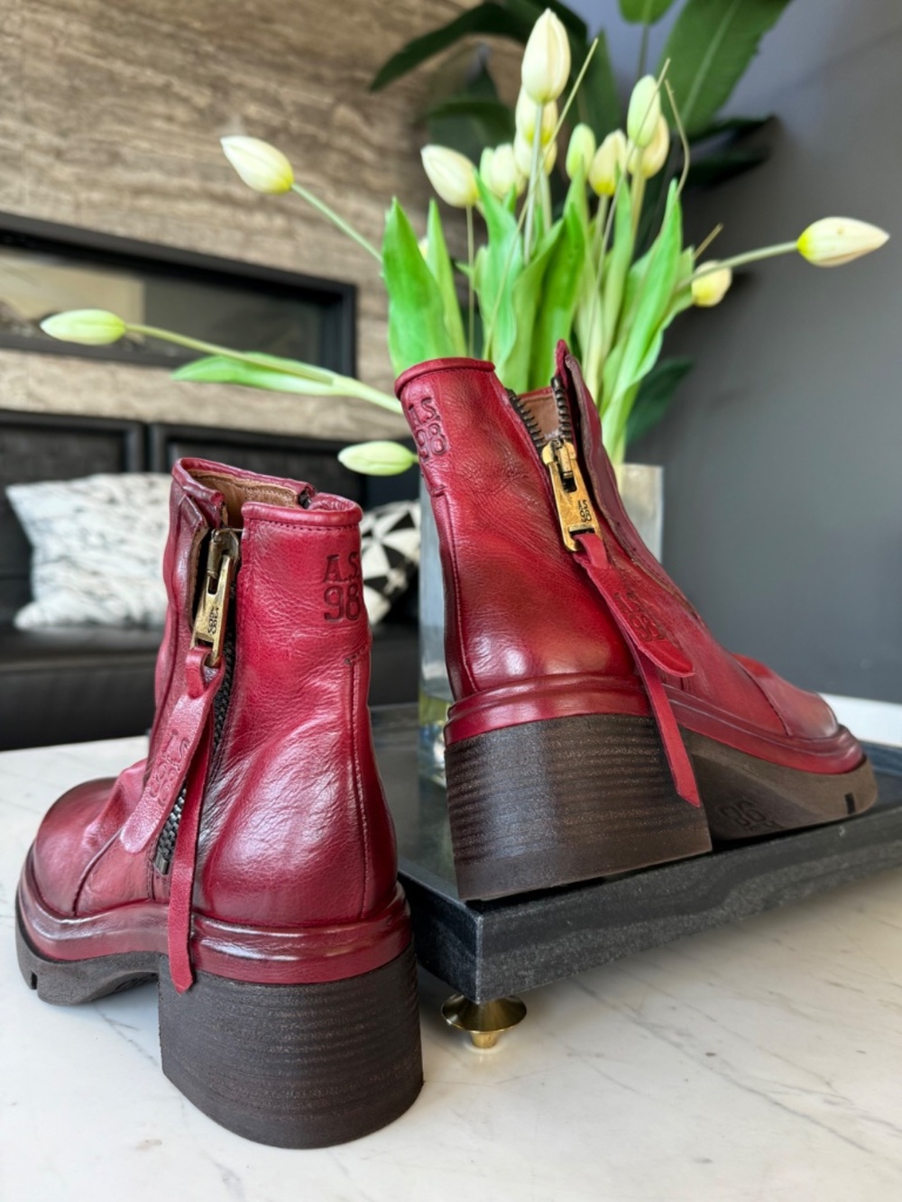New A.S.98 Eire Ankle Zip Leather Boots Red - Picture 15 of 16